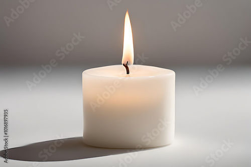 Lit White Candle on a Neutral Background