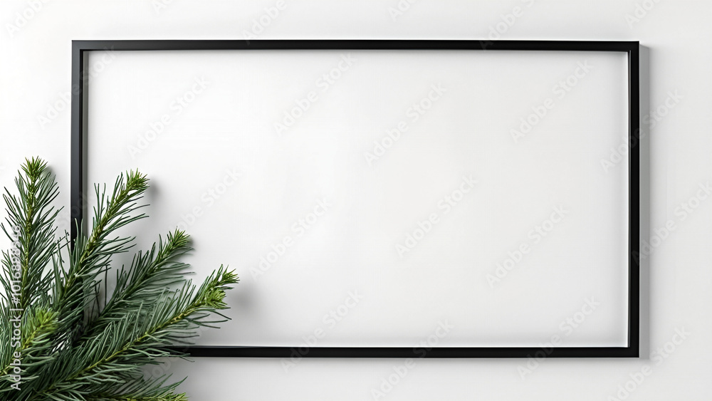 Thin black frame with a spruce branch in the lower left corner Thin black frame with a spruce branch in the lower left corner