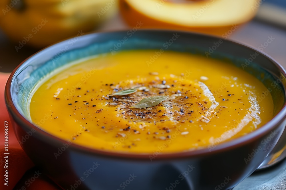 A bowl of soup with a spoon in it. The soup is orange and has a sprinkle of pepper on top A bowl of soup with a spoon in it. The soup is orange and has a sprinkle of pepper on top
