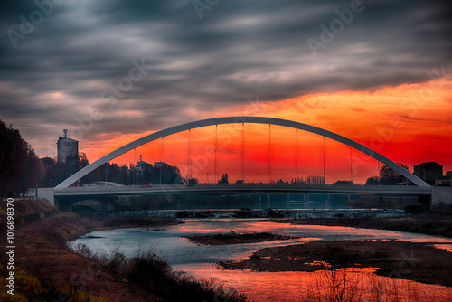 Meier bridge across the Tanaro River at sunset, Alessandria, Piedmont, Italy