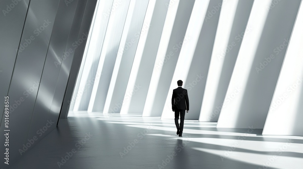 People in the architectural perspective. The sloping lines of the architecture. The man in the suit comes in a bright corridor in a modern building People in the architectural perspective. The sloping lines of the architecture. The man in the suit comes in a bright corridor in a modern building