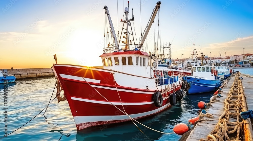Vibrant Fishing Boat at Sunset on Calm Water Vibrant Fishing Boat at Sunset on Calm Water