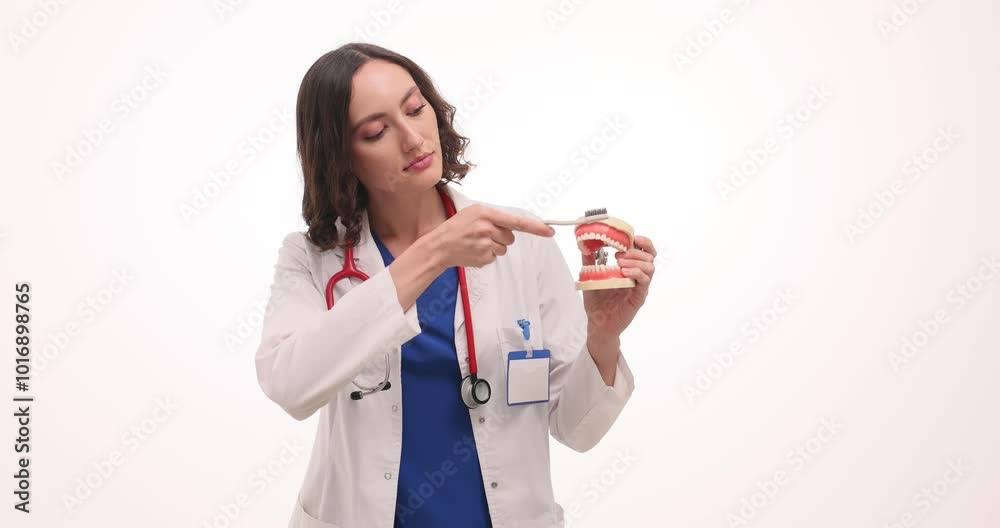 Woman dentist demonstrates proper tooth brushing techniques on white background. Medic in uniform uses dental jaw model and toothbrush Woman dentist demonstrates proper tooth brushing techniques on white background. Medic in uniform uses dental jaw model and toothbrush