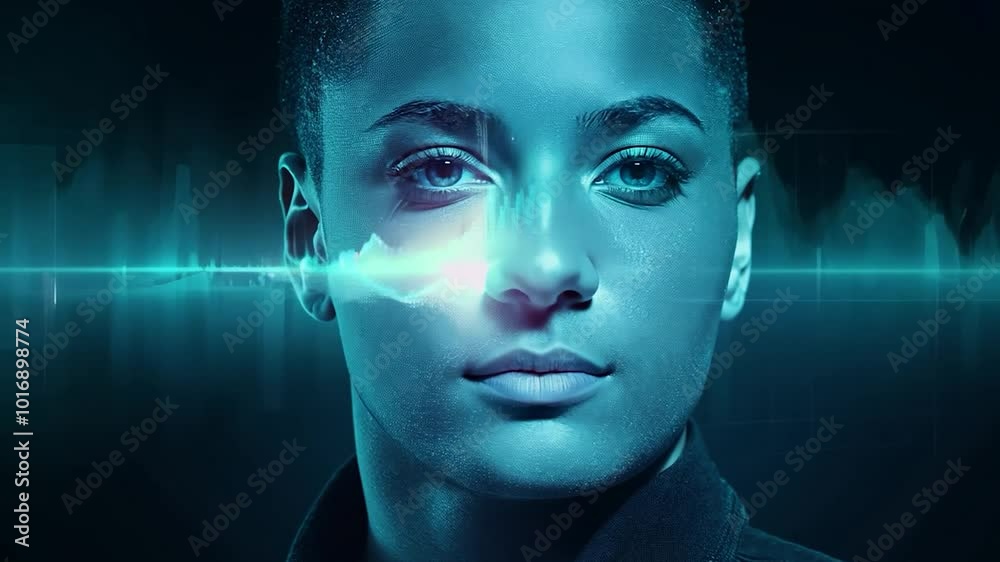 Facial recognition software scans a woman's face, analyzing biometric data in striking blue tones. The process highlights advanced technology and the future of digital identification Facial recognition software scans a woman's face, analyzing biometric data in striking blue tones. The process highlights advanced technology and the future of digital identification