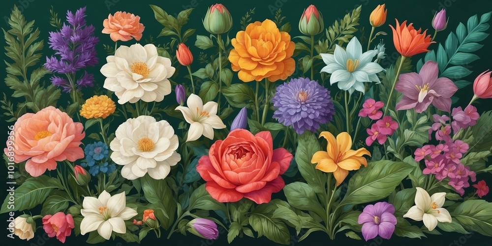 The image is a digital illustration of a variety of colorful flowers and plants The image is a digital illustration of a variety of colorful flowers and plants