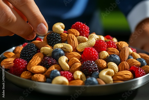 Hyper-realistic image of a person snacking on mixed nuts and berries, capturing the freshness and richness of the energizing snack photo