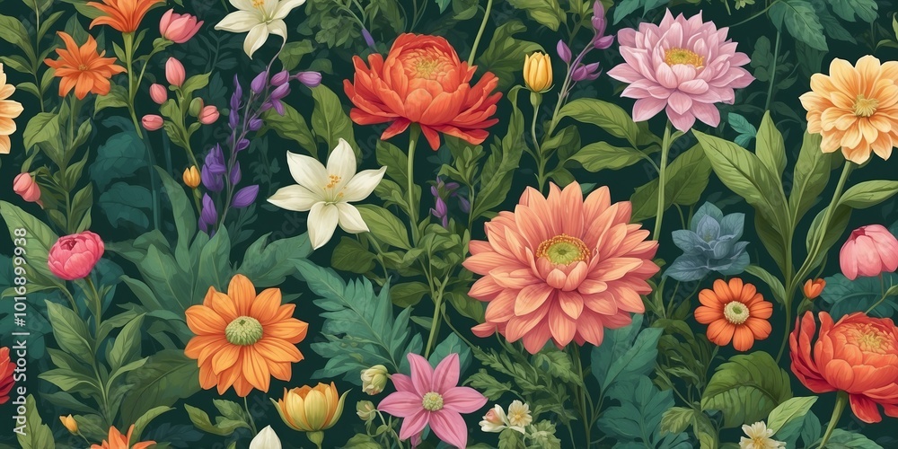 The image is a digital illustration of a variety of colorful flowers and plants