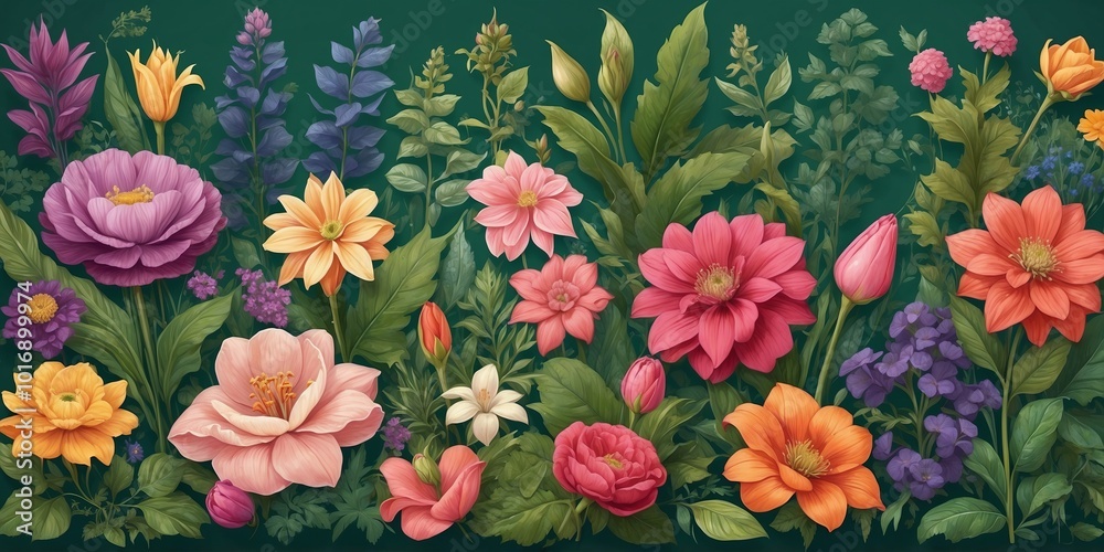 The image is a digital illustration of a variety of colorful flowers and plants The image is a digital illustration of a variety of colorful flowers and plants