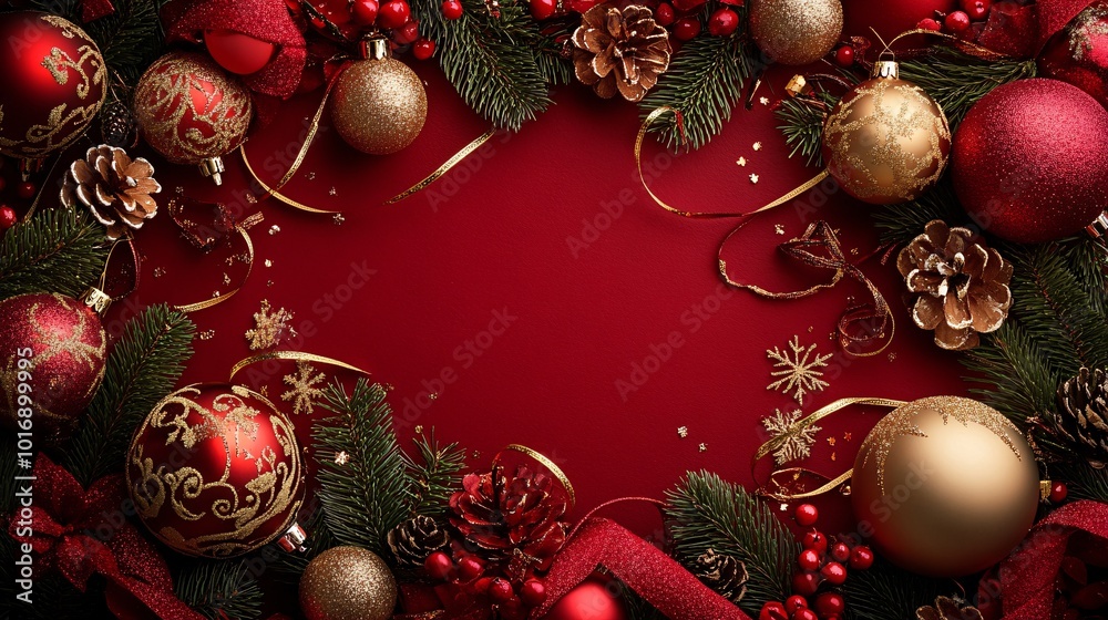 Festive Christmas Background with Red and Gold Ornaments, Pine Cones, and Greenery on a Rich Red Surface Festive Christmas Background with Red and Gold Ornaments, Pine Cones, and Greenery on a Rich Red Surface