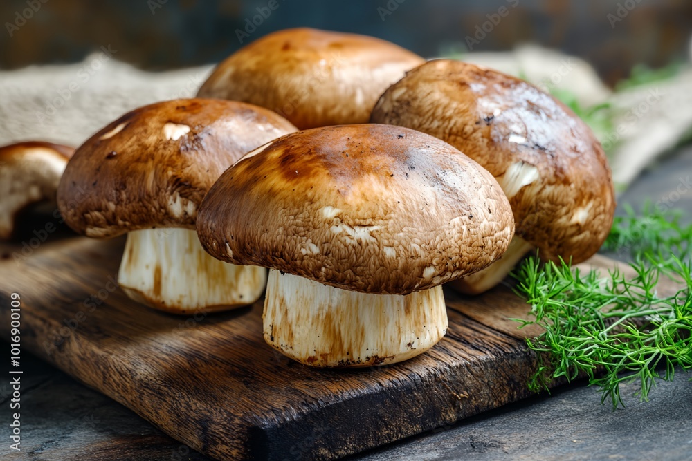 Four mushrooms are sitting on a wooden cutting board. The mushrooms are brown and appear to be fresh. The cutting board is placed on a wooden table Four mushrooms are sitting on a wooden cutting board. The mushrooms are brown and appear to be fresh. The cutting board is placed on a wooden table