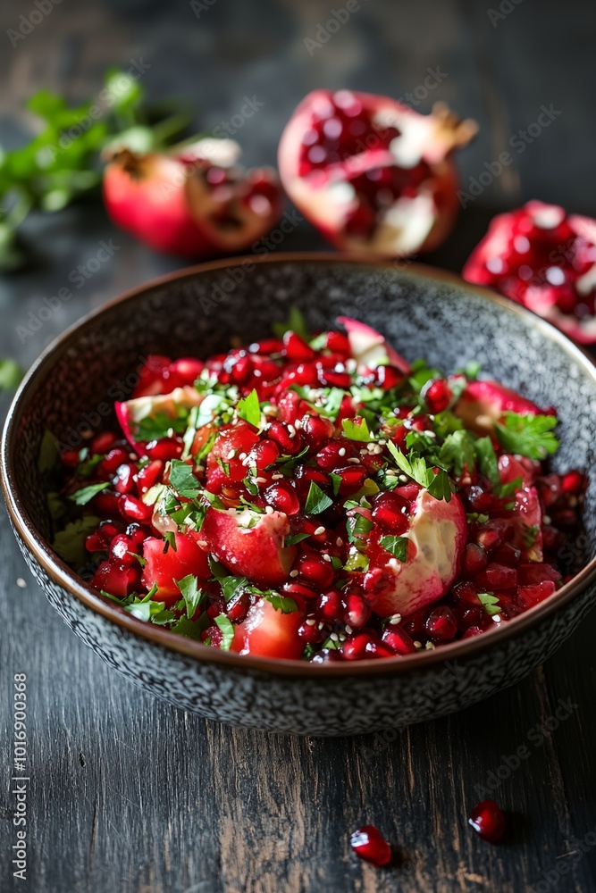 A bowl of fruit salad with pomegranates and parsley. The bowl is on a wooden table A bowl of fruit salad with pomegranates and parsley. The bowl is on a wooden table