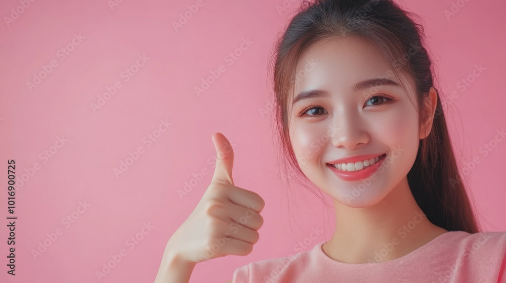 Portrait happy Asian woman shows thumb up and looking at the camera on soft color background, with copy space Portrait happy Asian woman shows thumb up and looking at the camera on soft color background, with copy space