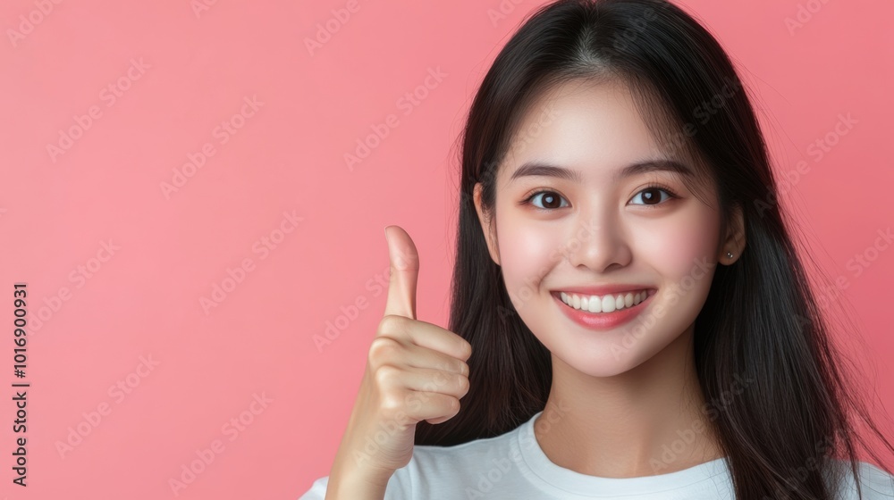 Portrait happy Asian woman shows thumb up and looking at the camera on soft color background, with copy space Portrait happy Asian woman shows thumb up and looking at the camera on soft color background, with copy space