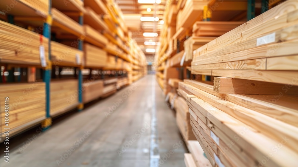 Obraz premium Lumber aisle in home improvement store with stacked wooden planks