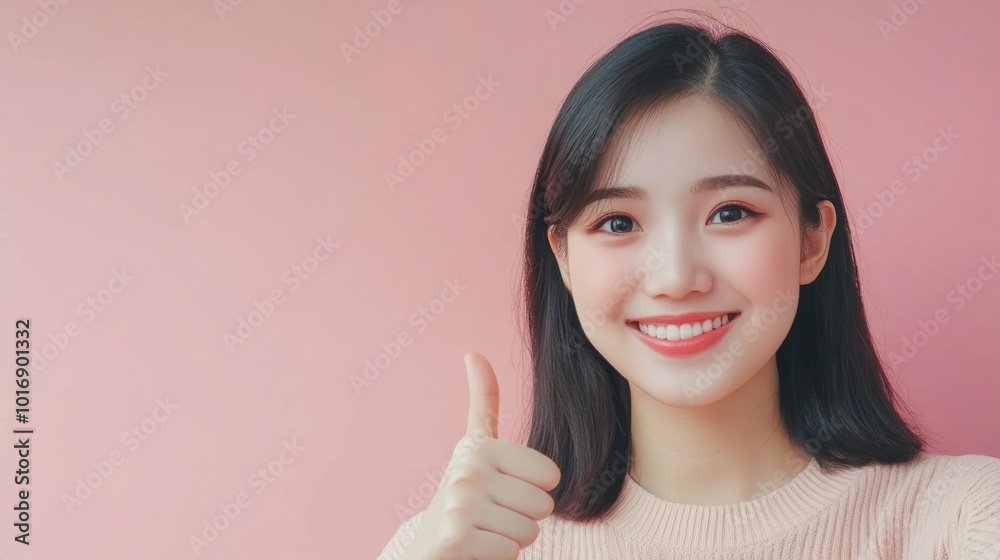 Portrait happy Asian woman shows thumb up and looking at the camera on soft color background, with copy space Portrait happy Asian woman shows thumb up and looking at the camera on soft color background, with copy space