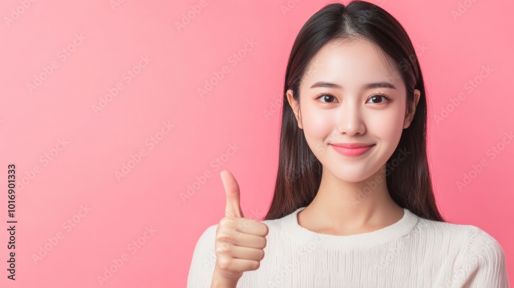 Portrait happy Asian woman shows thumb up and looking at the camera on soft color background, with copy space Portrait happy Asian woman shows thumb up and looking at the camera on soft color background, with copy space