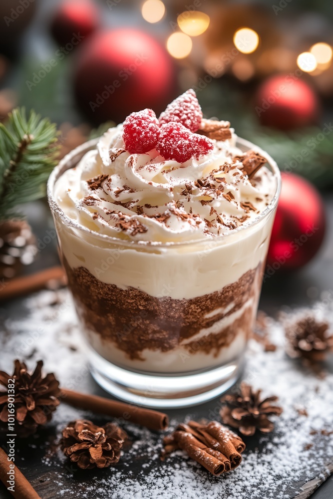 A glass of dessert with whipped cream and chocolate sprinkles on top. The dessert is surrounded by pine cones and red balls A glass of dessert with whipped cream and chocolate sprinkles on top. The dessert is surrounded by pine cones and red balls