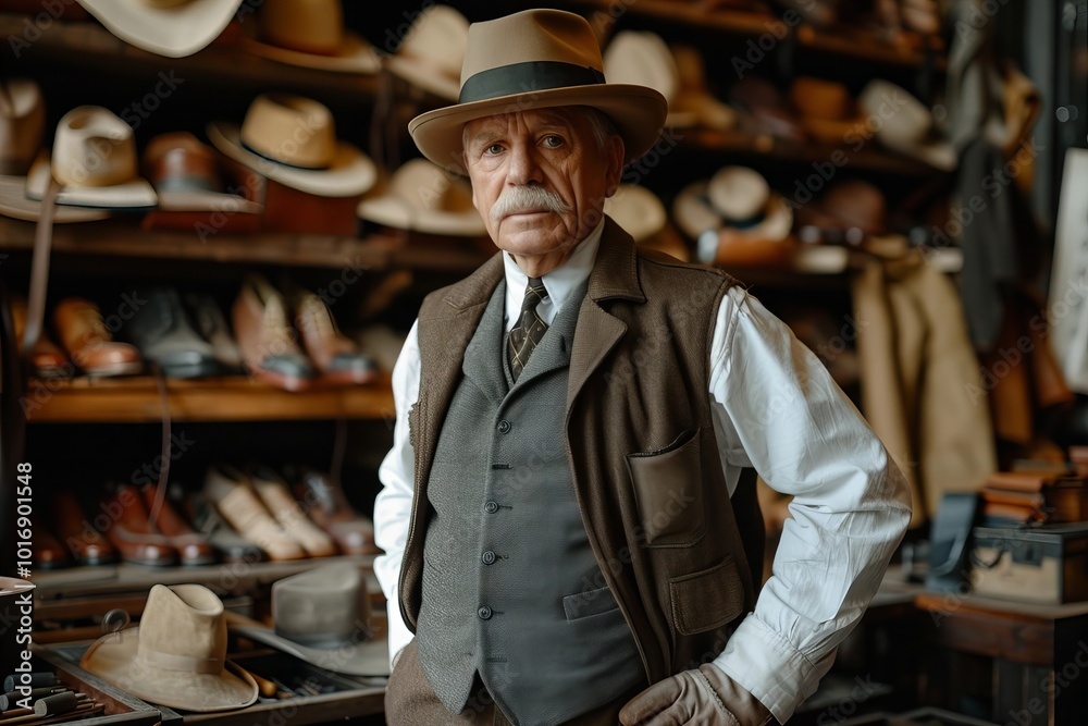 The Shoe Doctor: A Profile of a Shoe Repair Shop Owner in Timeless Shop Attire, Encircled by Fine Leather Goods
