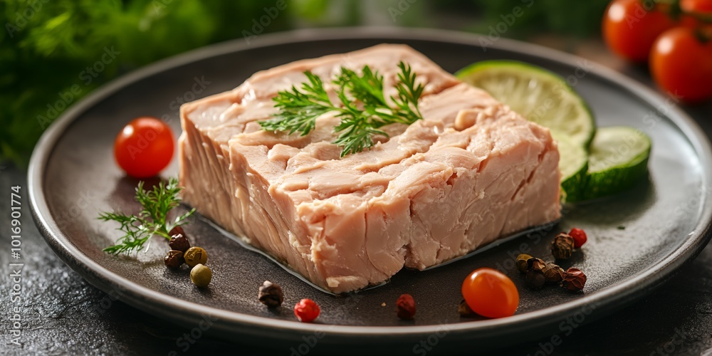 A piece of meat with a garnish of parsley and red pepper flakes. The meat is on a black plate A piece of meat with a garnish of parsley and red pepper flakes. The meat is on a black plate