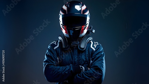 Race Car Driver in Helmet and Suit   Arms Crossed  Dark Background