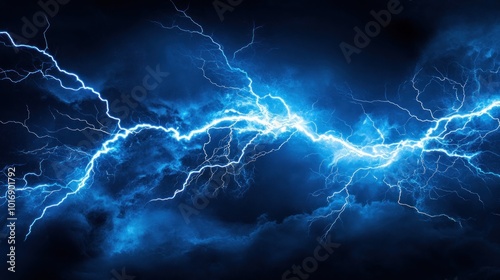 A dramatic display of blue lightning striking through dark storm clouds.