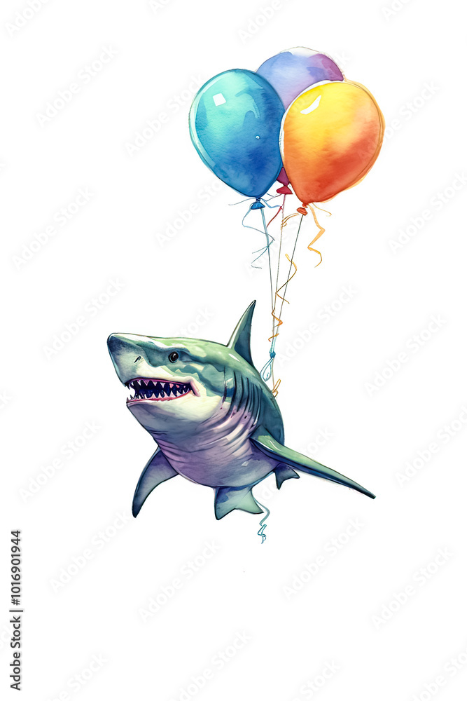 Obraz premium Shark with colorful balloons in a playful style