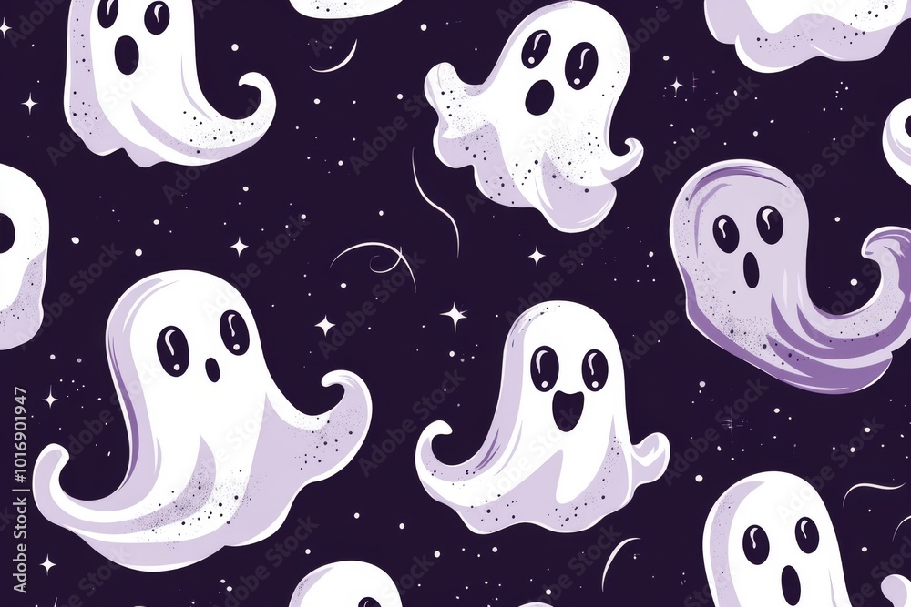 watercolor Halloween seamless pattern with cute ghost on dark purple background watercolor Halloween seamless pattern with cute ghost on dark purple background