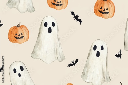 watercolor Halloween seamless pattern with cute ghost and funny pumpkin on beige background,