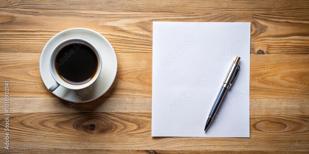 Minimalist background with blank paper, pen, and coffee cup Minimalist background with blank paper, pen, and coffee cup