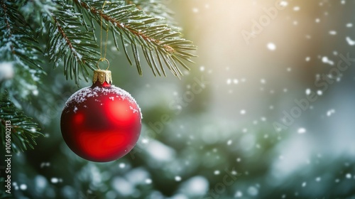 Red christmas ornament on snowy tree branch outside during winter season