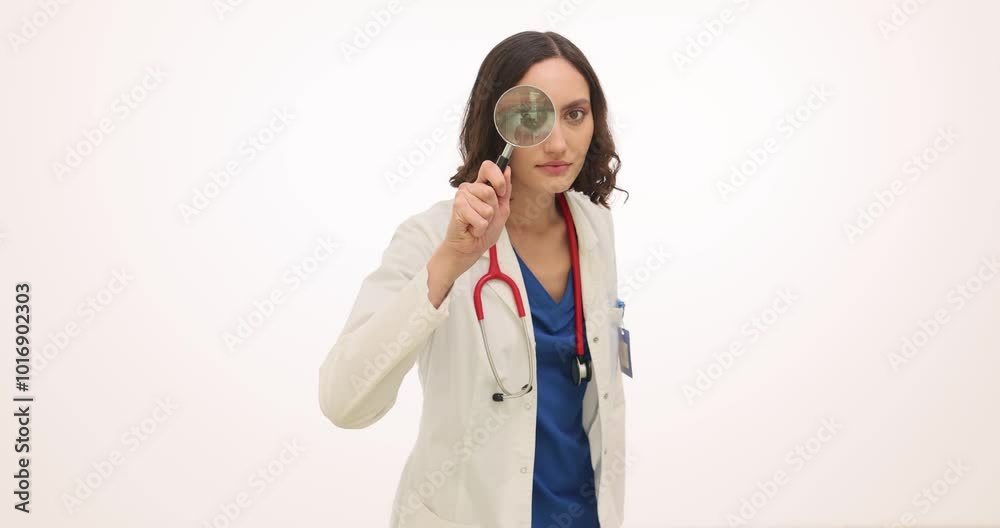 Woman doctor in uniform looks through magnifying glass on white background. Brunette medic with stethoscope ready for examination at appointment Woman doctor in uniform looks through magnifying glass on white background. Brunette medic with stethoscope ready for examination at appointment