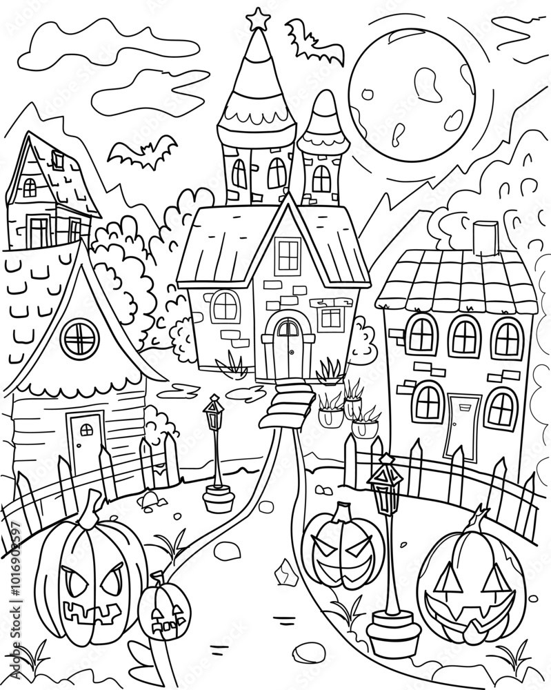 Fototapeta premium Halloween background ,hand drawing coloring page
