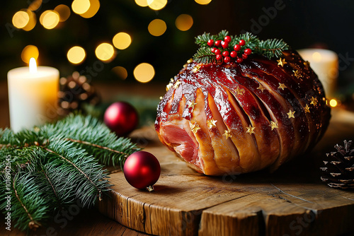 Close-up of traditional Christmas glazed ham with berries, pine decorations, and warm bokeh lights, perfect holiday meal, festive food presentation concept photo