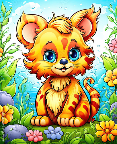 Illustration for children, cheerful tiger cub sits in flowers.