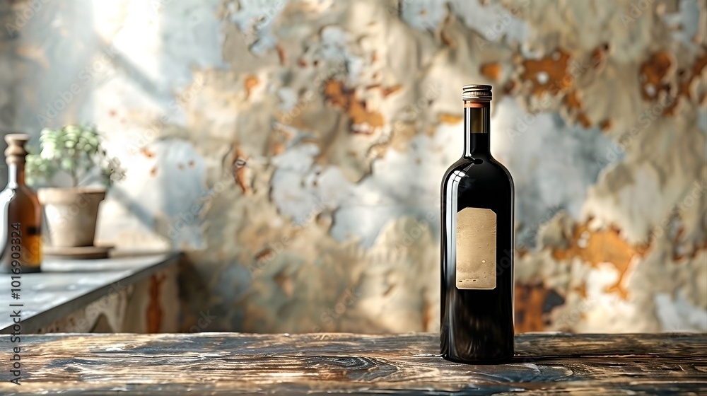 Elegant bottle of wine standing upright on a rustic, weathered wooden table. A simple, faded label and is sealed with a cork Elegant bottle of wine standing upright on a rustic, weathered wooden table. A simple, faded label and is sealed with a cork
