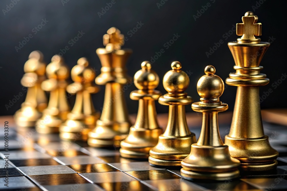 Minimalist black and gold chess pieces on a chess board Minimalist black and gold chess pieces on a chess board
