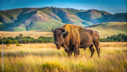 Minimalist bison grazing on range at Wichita Mountains Wildlife Refuge in Oklahoma photo