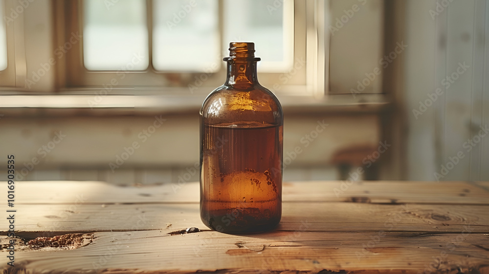 an old, amber-colored glass bottle placed on a rustic, weathered wooden table, surface is speckled with dark stains and patches, unsealed bottle, nostalgic mood with its earthy tones and aged objects
