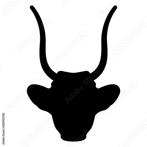 Horned head of a cow or bull. Ancient Egyptian animal design. Black silhouette on white background.
