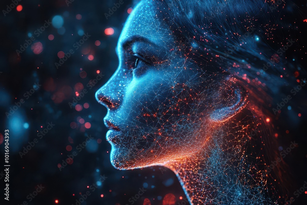 futuristic data visualization of ai algorithm glowing nodes and connections forming human silhouette holographic interface dark background with neon accents