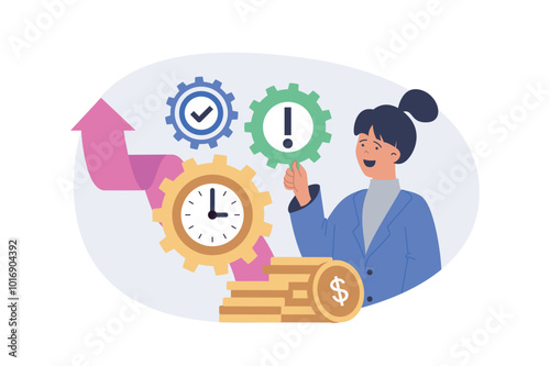 Time management concept in modern flat design for web. Woman planning job and organizing productivity workflow, brainstorming, doing priority tasks to deadline, increase earning. Vector illustration.
