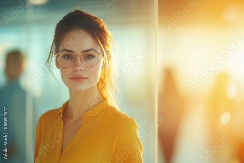 Young woman wearing glasses, standing in a brightly lit office, exuding confidence and focus.