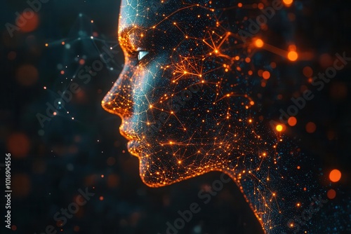 futuristic data visualization of ai algorithm glowing nodes and connections forming human silhouette holographic interface dark background with neon accents