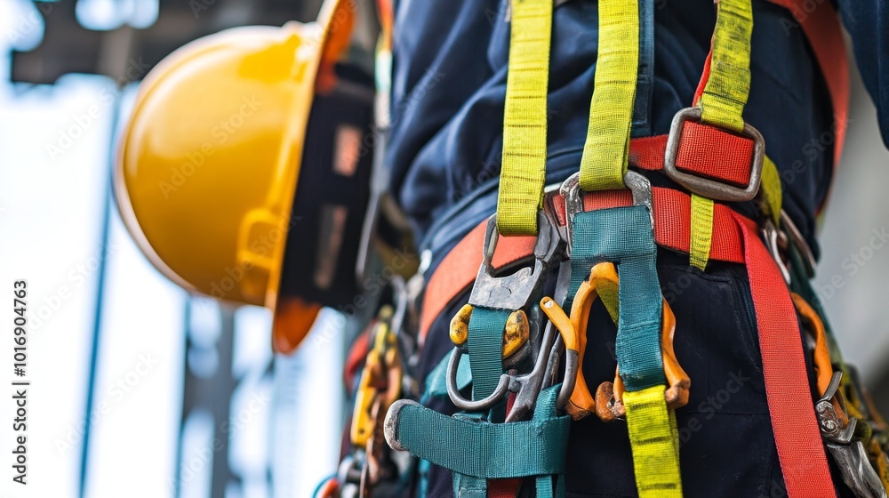 Detailed view of construction safety gear including harnesses, safety belts, and hard hats