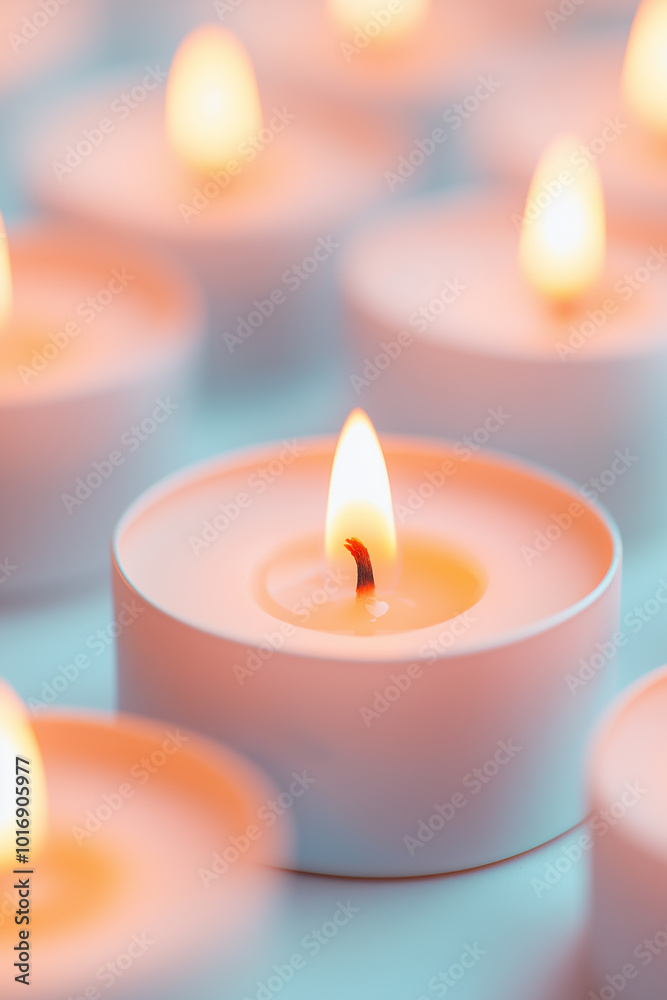 Rows of small white candles with warm flickering flames, soft lighting effect, cozy atmosphere, perfect for relaxation, meditation, or holiday home decor Rows of small white candles with warm flickering flames, soft lighting effect, cozy atmosphere, perfect for relaxation, meditation, or holiday home decor