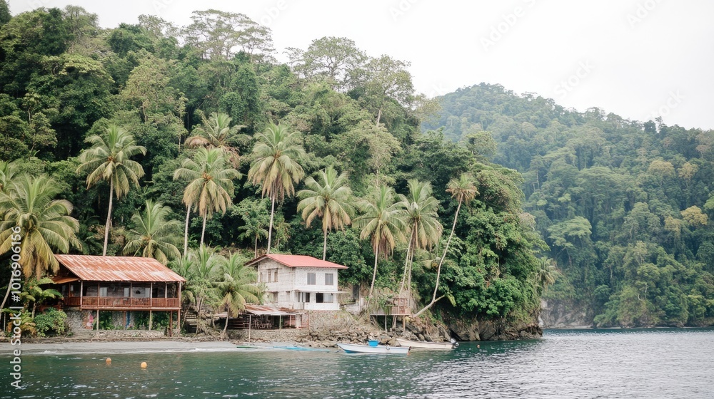 Naklejka premium Serene Coastal Villa Surrounded by Lush Tropical Forest