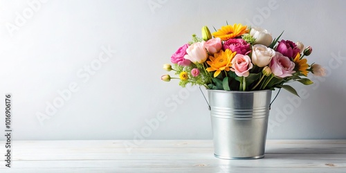 Fototapeta Naklejka Na Ścianę i Meble -  Minimalist bouquet of flowers in a bucket on white background