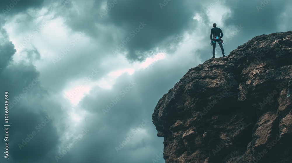 Obraz premium Dramatic editorial shot of a climber in a black shirt scaling a rugged cliff against a cloudy sky backdrop