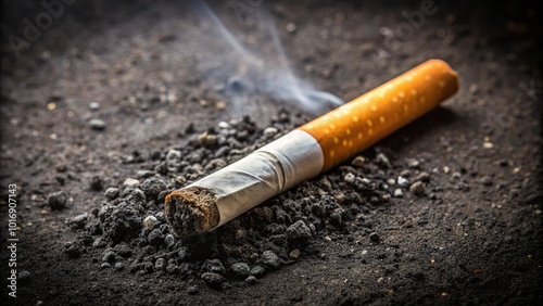 Minimalist burnt out cigarette on dark ground