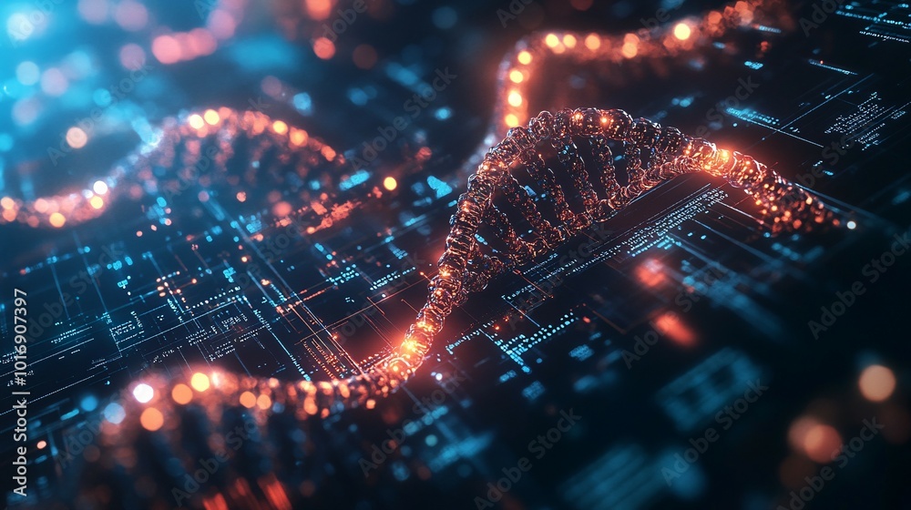 DNA Helix Glowing on a Digital Circuit Board DNA Helix Glowing on a Digital Circuit Board
